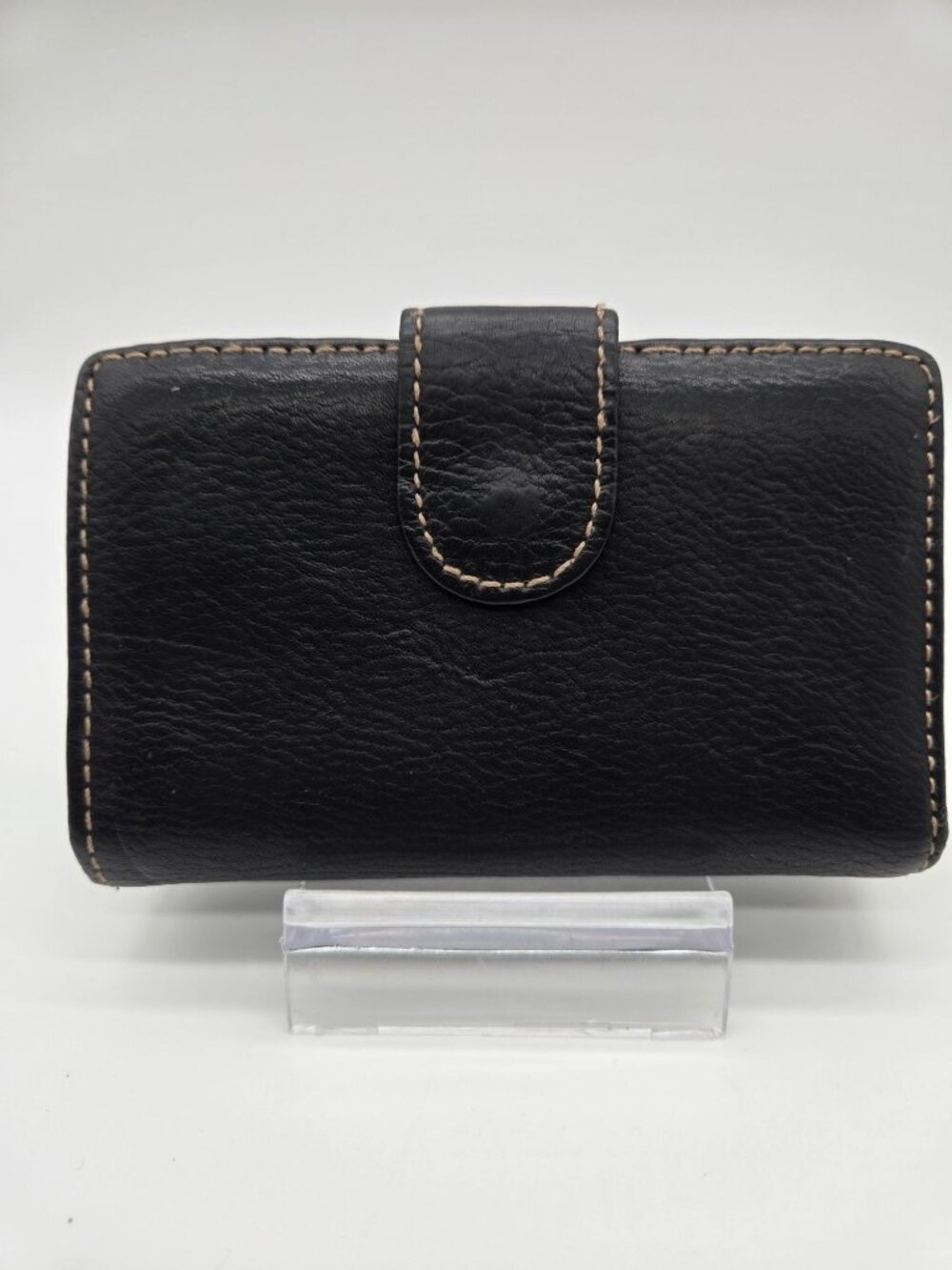Vintage Genuine Leather Black Kiss Lock Wallet Thick Stitch Organizer Bifold